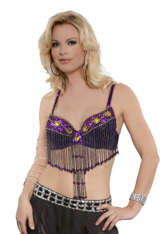 2969 Purple Lilly Beaded Sequin Bra Top w/Beaded Fringe LG/XL