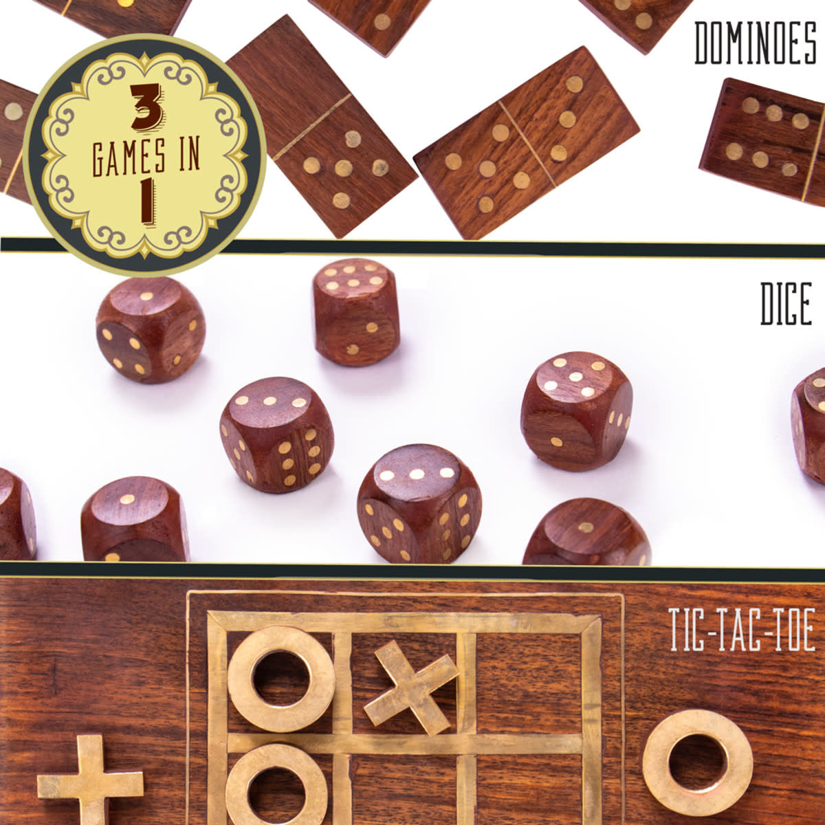 3-in-1 Wooden Parlour Game Set - Tic Tac Toe, Dominos, Dice