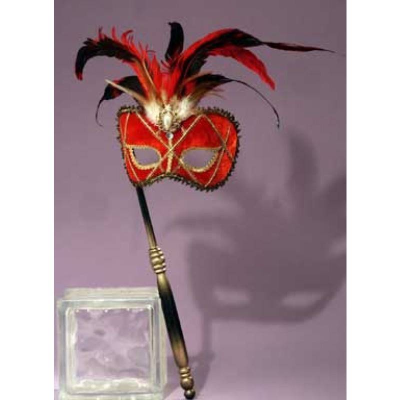 Red Pearl Feather Venetian Mask with Stick