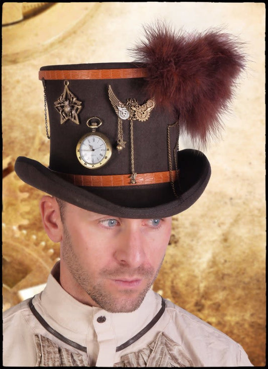 Hat Steampunk Top Hat, Wool Brown - Large