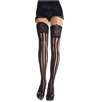 Spandex Vertical Striped Stockings With 5 in Lace Top - Black