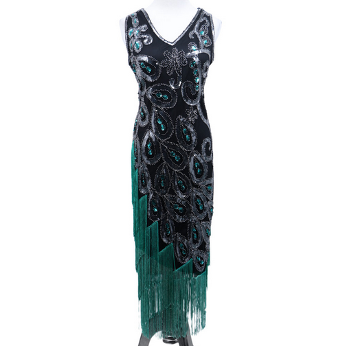 2534- Flapper Dress Art Deco Black/Silver Size X-Large