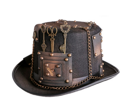 69818 – Steampunk Hat w/gears, keys, scissors, and chains, Brown / Gold