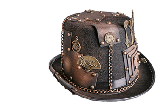 69818 – Steampunk Hat w/gears, keys, scissors, and chains, Brown / Gold