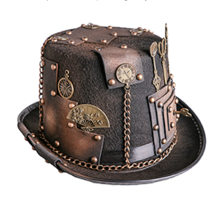 69818 – Steampunk Hat w/gears, keys, scissors, and chains, Brown / Gold