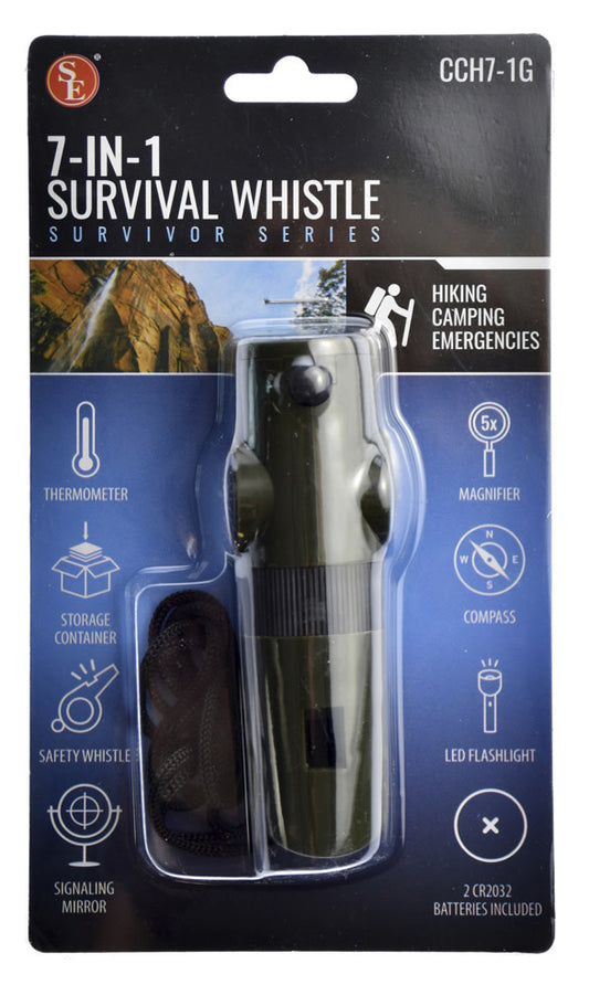 7 IN 1 Survival Whistle/LED Flashlight, Green by SE