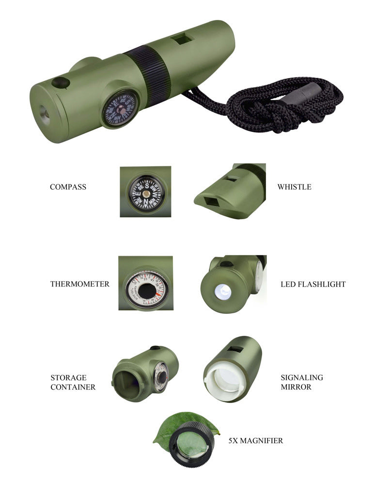 7 IN 1 Survival Whistle/LED Flashlight, Green by SE