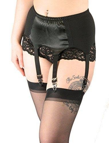 Women's Vintage Style Black Satin Garter Belt with Stockings Set, XL by Nyteez and Leg Avenue