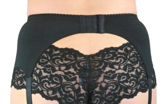 Women's Vintage Style Black Satin Garter Belt with Stockings Set, XL by Nyteez and Leg Avenue