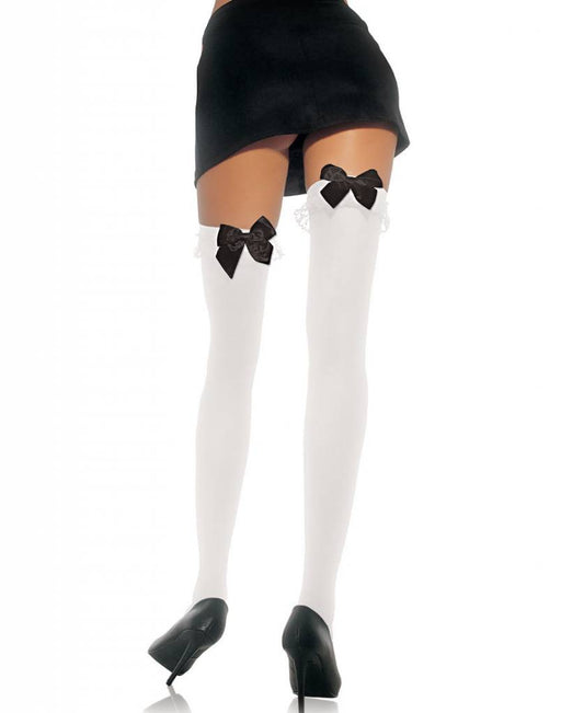 White Opaque Thigh High w/ Ruffles And Black Bow - Leg Avenue