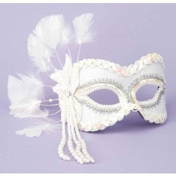 White Venetian Mask Sequin with Pearls MJ-757