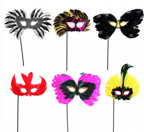 Multicolor Feather Mask on Stick - Assorted