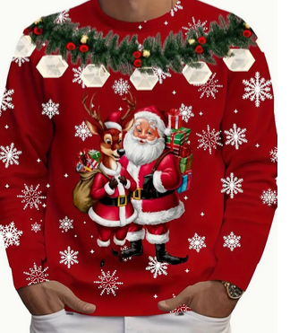 Ugly Christmas Sweater Santa and Reindeer Graffic T-Shirt Size 40