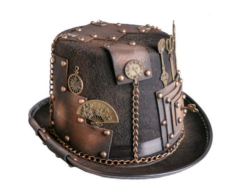 69818 – Steampunk Hat w/gears, keys, scissors, and chains, Brown / Gold