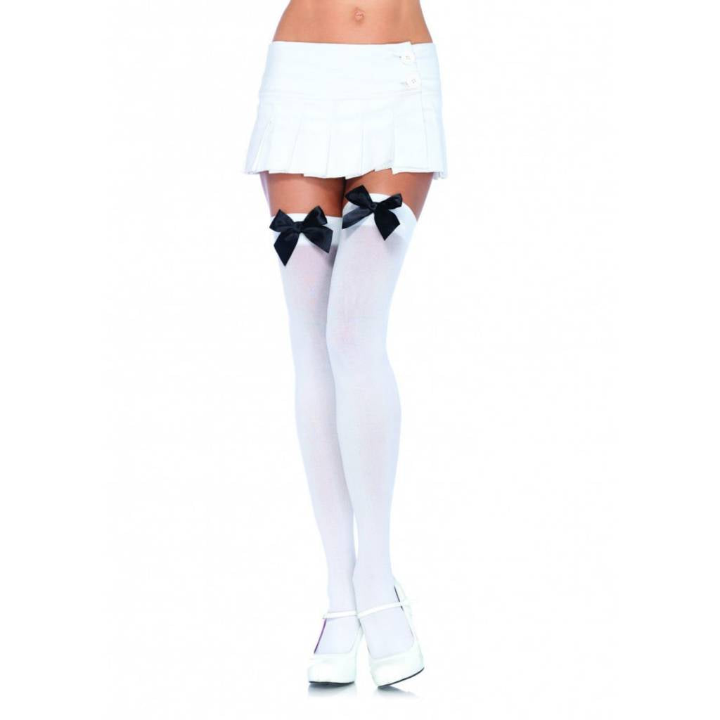 White Opaque Thigh High With Black Satin Bow