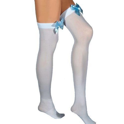 White Opaque Thigh High With Blue Satin Bow