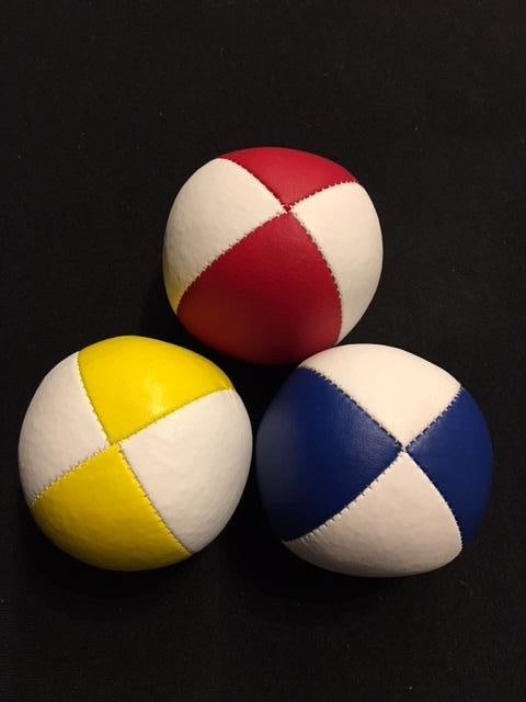 Juggling Balls Pro, 4 Panel 3 Set Red/Wht, Ylw/Wht, Blu/Wht Ultra Leather Bird Seed Filled by Ronjo