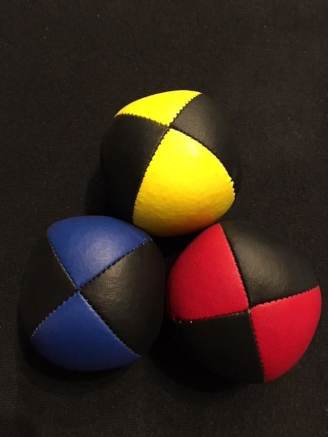 Juggling Balls Pro, 4 Panel 3 Set Red/Blk, Ylw/Blk, Blue/Blk Ultra Leather Bird Seed Filled by Ronjo